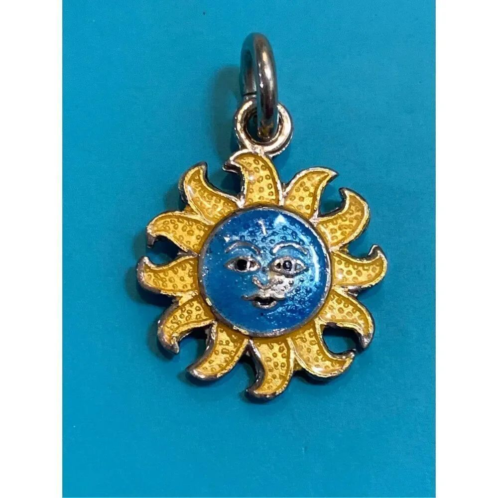 Sun Yellow Blue .980 Sterling Silver Jewelry Charm #sun #vintage